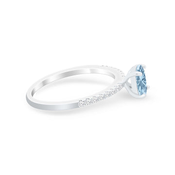 Solitaire Accent Oval Engagement Ring Simulated Aquamarine CZ 925 Sterling Silver